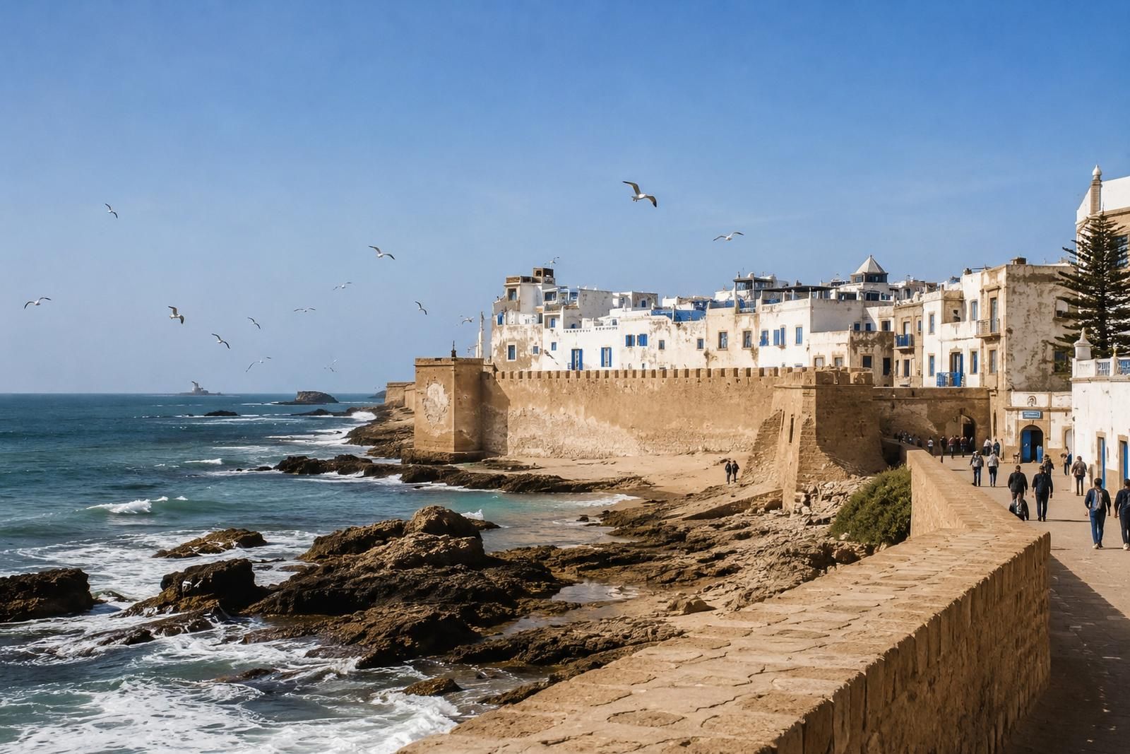 The ramparts of Essaouira above the Atlantic, gulls over the white and blue medina